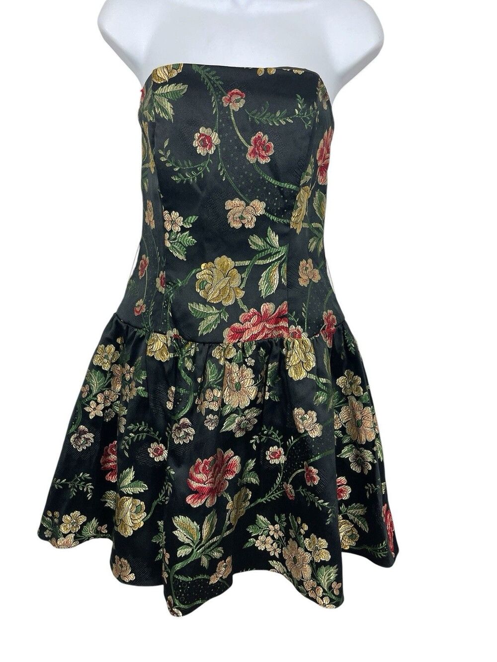 Vintage Jessica McClintock 8 Black Floral Strapless Tapestry Drop Waist Dress